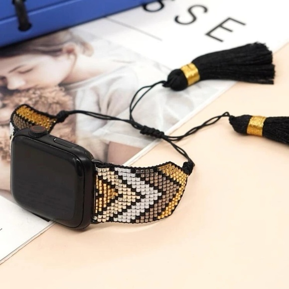 NWT Bead Tassel Woven Apple Watch Band 38/40/41 Black and Gold​​​​ - Picture 5 of 5
